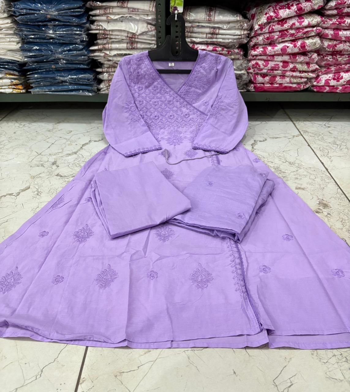 Purple Cotton Chikankari Angrakha Set